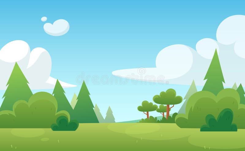 Fondo de la historieta para el juego y la animación Bosque verde con el cielo azul y las nubes Paisaje