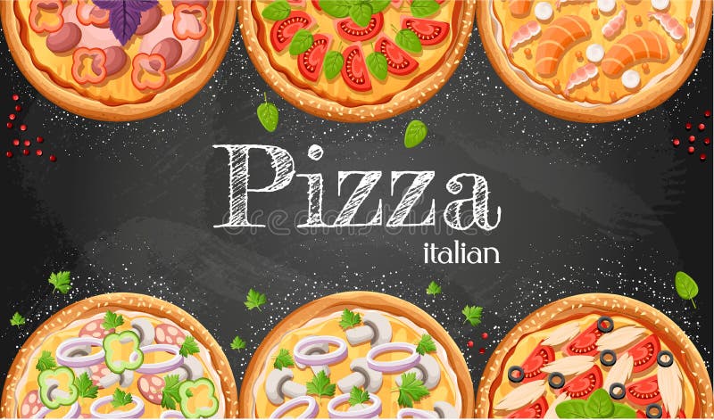 Fondo de la historieta de la pizarra del menú de la pizza con el fondo fresco del aviador de la pizzería del ejemplo de los ingre ilustración del vector Fondo de la historieta de la pizarra del menú de la pizza con el fondo fresco del aviador de la pizzería del ejemplo de los ingre ilustración del vector