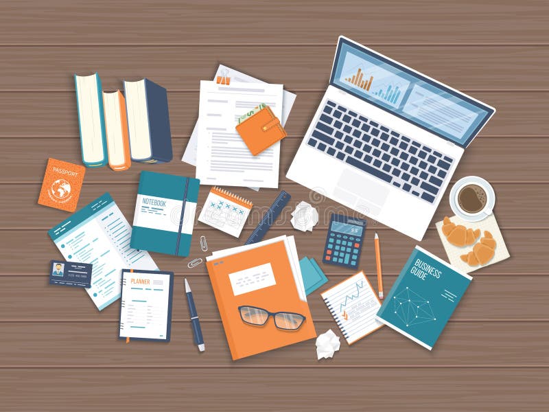 Fondo de la mesa del lugar de trabajo Vista superior de la tabla de madera, ordenador portátil, libros, carpeta stock de ilustración Fondo de la mesa del lugar de trabajo Vista superior de la tabla de madera, ordenador portátil, libros, carpeta stock de ilustración