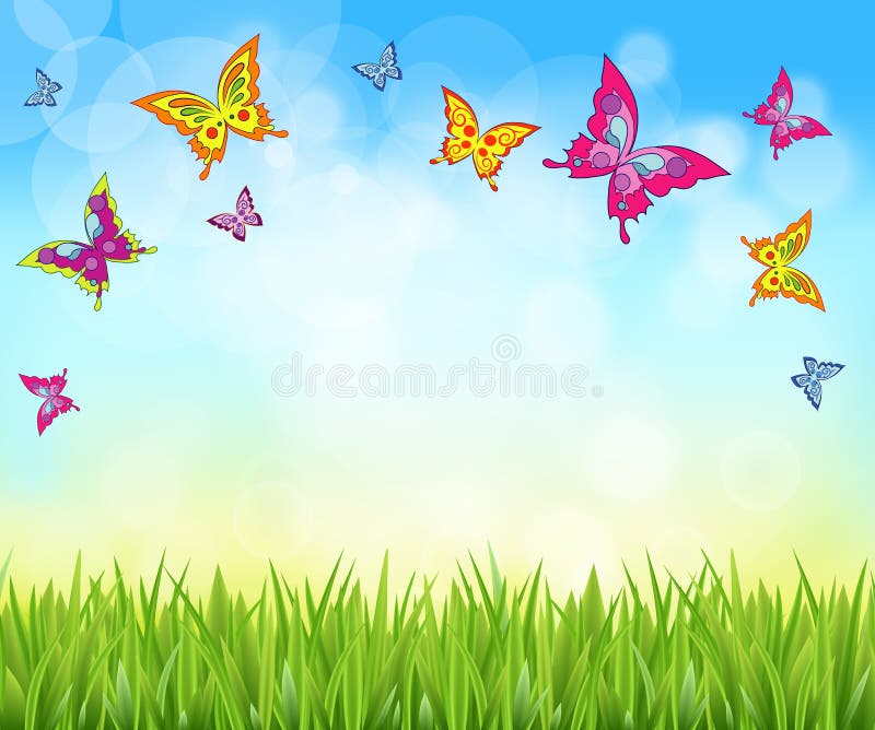 Fondo de la naturaleza con la hierba y las mariposas stock de ilustración Fondo de la naturaleza con la hierba y las mariposas stock de ilustración