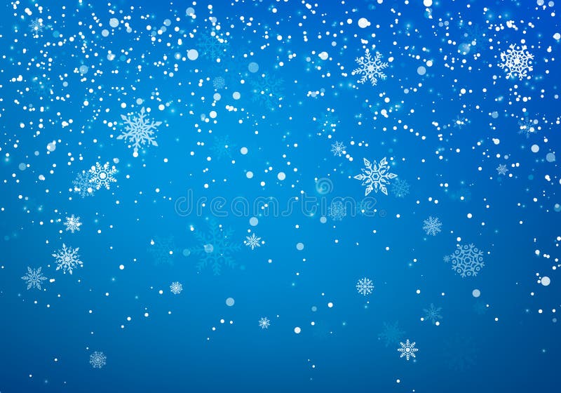 Fondo de la Navidad de las nevadas Escamas y estrellas de la nieve que vuelan en fondo del cielo azul del invierno El copo de nie