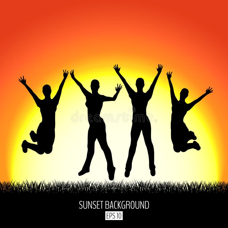 Fondo de la puesta del sol con la silueta de salto feliz del negro de cuatro mujeres stock de ilustración Fondo de la puesta del sol con la silueta de salto feliz del negro de cuatro mujeres stock de ilustración