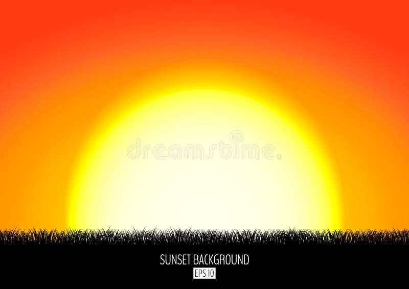 Fondo de la puesta del sol o de la salida del sol con la silueta negra de la hierba Sistemas ardientes del sol sobre el horizonte ilustración del vector Fondo de la puesta del sol o de la salida del sol con la silueta negra de la hierba Sistemas ardientes del sol sobre el horizonte ilustración del vector