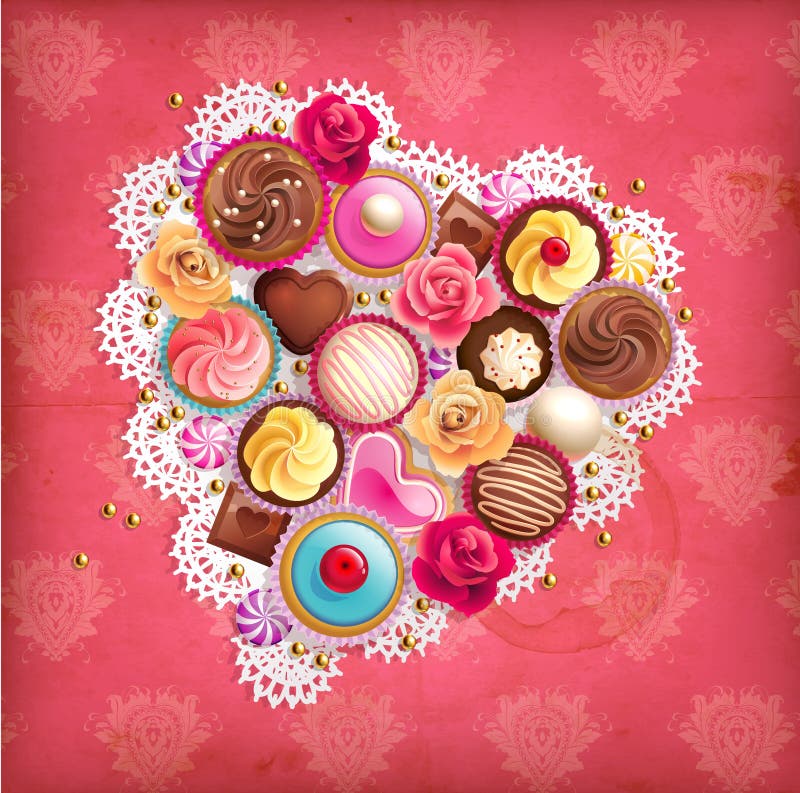 Fondo de las tarjetas del día de San Valentín con la servilleta y los dulces en forma de corazón.