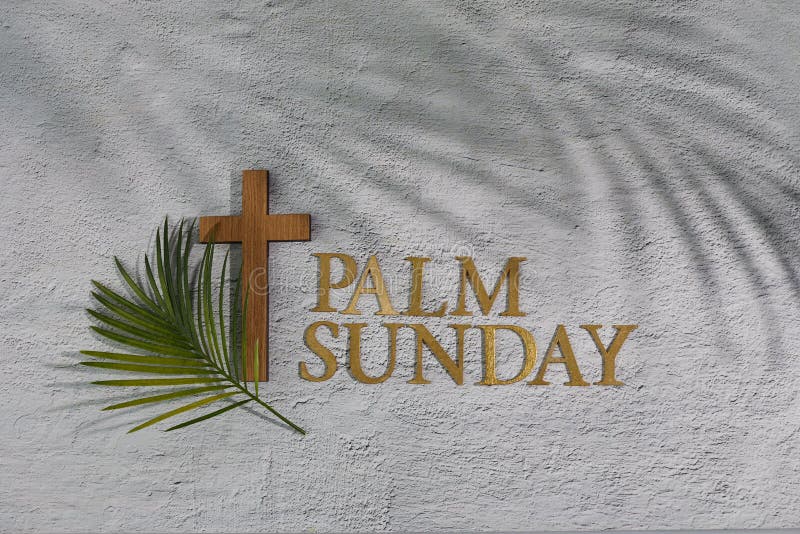 Fondo de palm sunday. cruz y palma sobre fondo gris.