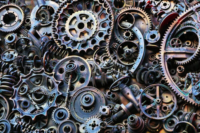 Fondo de Steampunk, piezas de la máquina, engranajes grandes y cadenas de las máquinas y de los tractores imagenes de archivo Fondo de Steampunk, piezas de la máquina, engranajes grandes y cadenas de las máquinas y de los tractores imagenes de archivo