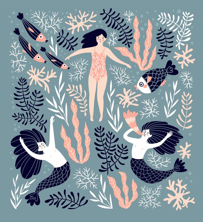 Fondo decorativo sveglio con le sirene e la ragazza di nuoto nel mare Illustrazione disegnata a mano di vettore royalty illustrazione gratis Fondo decorativo sveglio con le sirene e la ragazza di nuoto nel mare Illustrazione disegnata a mano di vettore royalty illustrazione gratis
