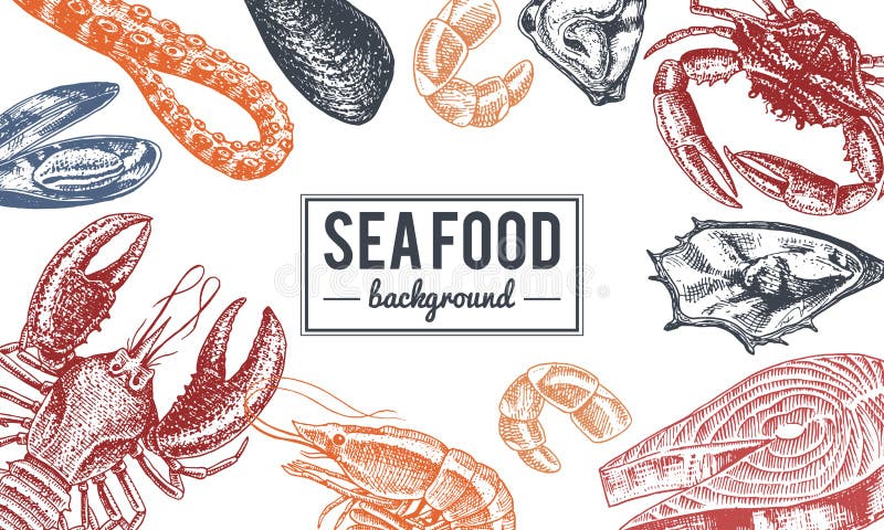 Fondo dei frutti di mare Crostacei, gamberetto, aragosta o gambero, granchio con gli artigli Creature del fiume e del lago o del illustrazione di stock Fondo dei frutti di mare Crostacei, gamberetto, aragosta o gambero, granchio con gli artigli Creature del fiume e del lago o del illustrazione di stock