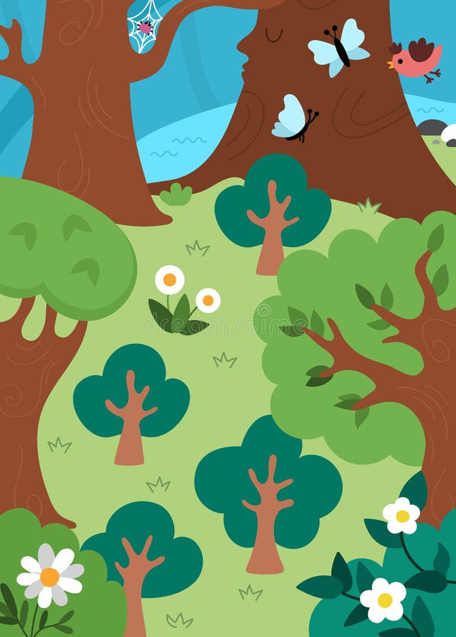 Fondo del bosque encantado vacío del vector. Paisaje de hadas con árboles mariposas flores de río. Paisaje de Woodland ilustración del vector