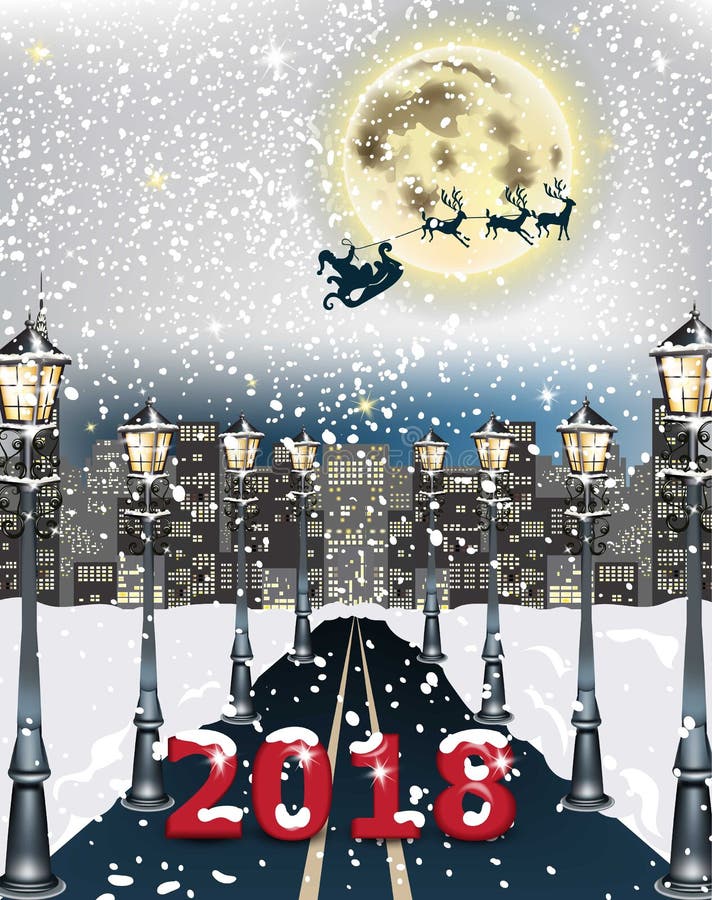 fondo del camino del paisaje urbano de 2018 tarjetas Vector nevoso de la decoración de la noche del invierno stock de ilustración fondo del camino del paisaje urbano de 2018 tarjetas Vector nevoso de la decoración de la noche del invierno stock de ilustración