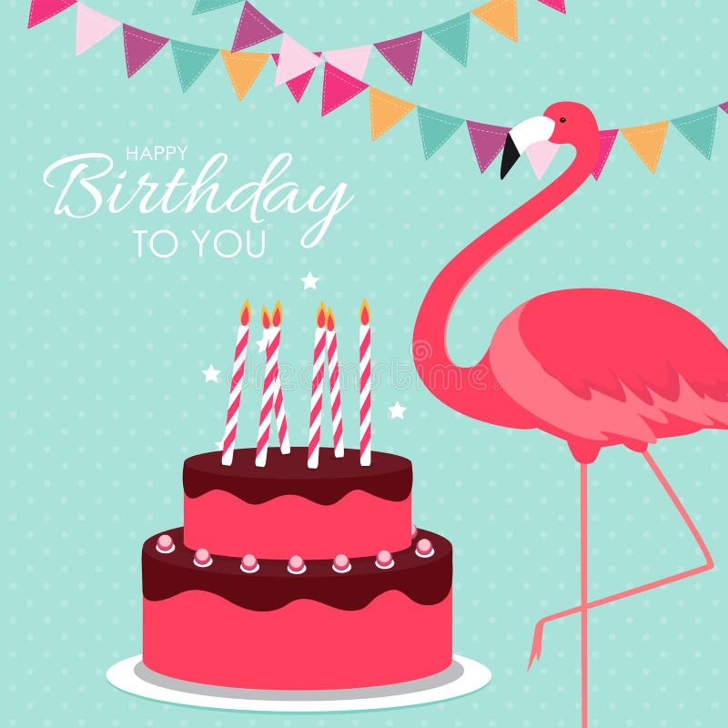 Fondo del cartel del feliz cumpleaños con la torta flamenco colorido y del rosa de la historieta Ilustraci? n libre illustration