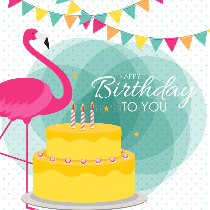 Fondo del cartel del feliz cumpleaños con la torta flamenco colorido y del rosa de la historieta Ilustraci? n stock de ilustración