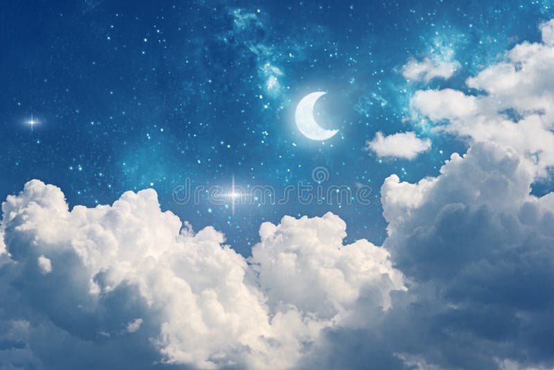 Fondo del cielo notturno con le stelle, la luna e le nuvole