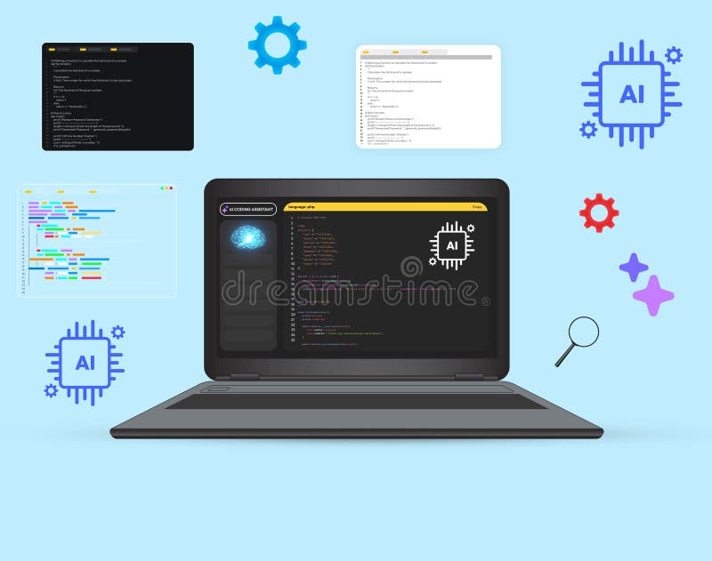 Fondo del concepto del asistente de codificación de inteligencia artificial con programación en el fondo de la pantalla. Software fotografía de archivo