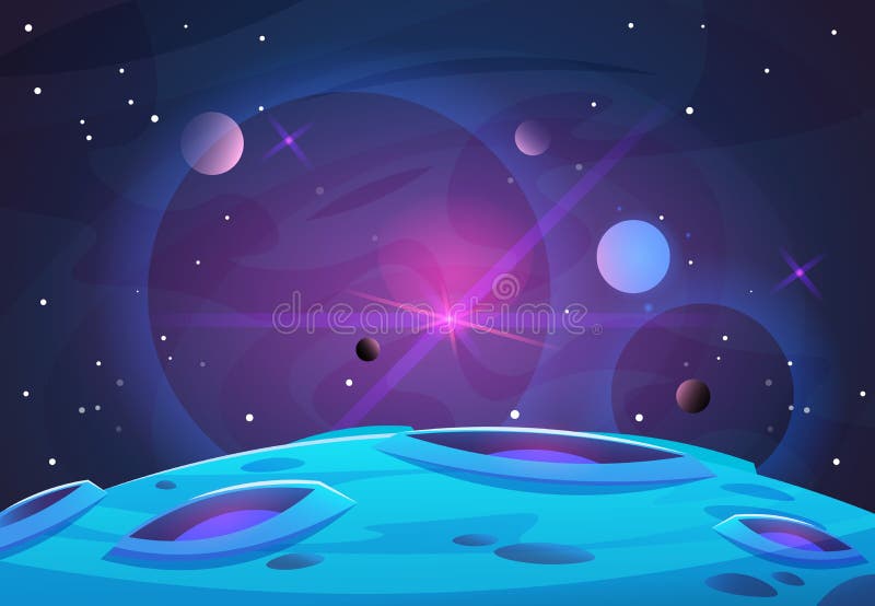 Fondo del espacio y del planeta Los planetas emergen con los cráteres, las estrellas y los cometas en espacio oscuro Ilustración