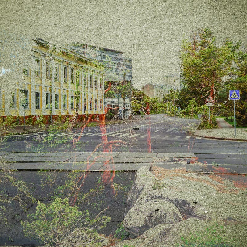 Fondo del extracto de la ecología de la fantasía Paisaje urbano mezclado con el natural en la textura de papel imagen de archivo libre de regalías Fondo del extracto de la ecología de la fantasía Paisaje urbano mezclado con el natural en la textura de papel imagen de archivo libre de regalías