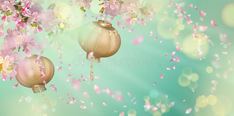 Traditional spring festival background with flying petals and silk lanterns. Flowers and petals in the wind. Chinese New Year background. Traditional spring festival background with flying petals and silk lanterns. Flowers and petals in the wind. Chinese New Year background