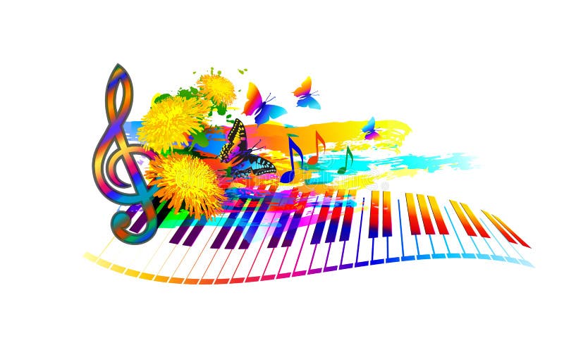 Fondo del festival del verano de la música con el teclado de piano, las flores, las notas de la música y la mariposa