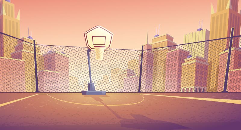 Vector cartoon background of basketball court in city. Outdoor sports arena with basket for game. Street playground in town for competition, championship. Backdrop with metal lattice and skyscrapers. Vector cartoon background of basketball court in city. Outdoor sports arena with basket for game. Street playground in town for competition, championship. Backdrop with metal lattice and skyscrapers.