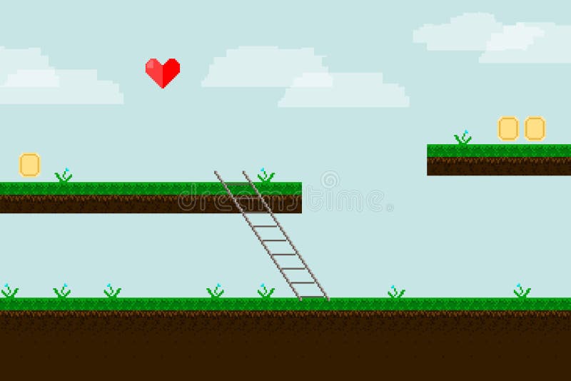 Fondo del gioco di arte del pixel con terra, erba, il cielo e le nuvole illustrazione di stock Fondo del gioco di arte del pixel con terra, erba, il cielo e le nuvole illustrazione di stock