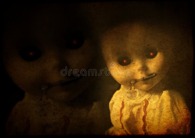 Fondo del Grunge con la muñeca fantasmagórica malvada del vintage con el mout relampagado imagenes de archivo Fondo del Grunge con la muñeca fantasmagórica malvada del vintage con el mout relampagado imagenes de archivo