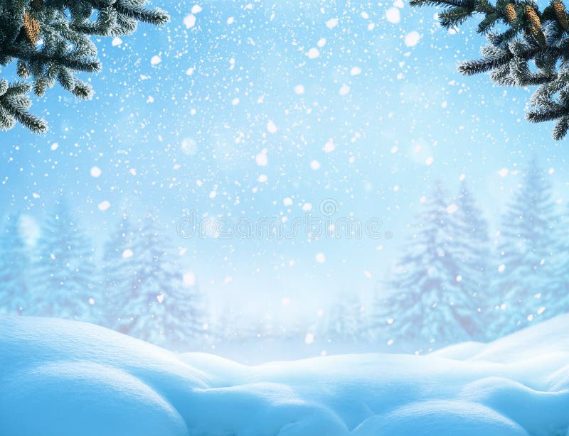 Fondo del invierno de la Navidad con la rama de árbol de la nieve y de abeto