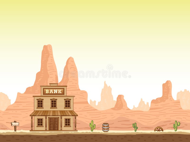 Fondo del oeste salvaje, viejo del barranco con el banco ilustración del vector Fondo del oeste salvaje, viejo del barranco con el banco ilustración del vector