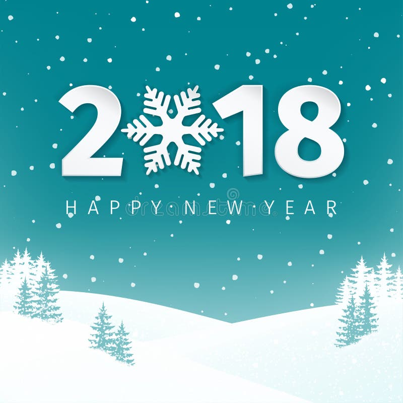 Fondo del paisaje de la escena del invierno de la noche con el campo y los abetos nevosos Números de la Feliz Año Nuevo 2018 con stock de ilustración Fondo del paisaje de la escena del invierno de la noche con el campo y los abetos nevosos Números de la Feliz Año Nuevo 2018 con stock de ilustración