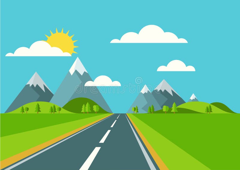 Fondo del paisaje del vector Camino en el valle verde, montañas, hola ilustración del vector Fondo del paisaje del vector Camino en el valle verde, montañas, hola ilustración del vector
