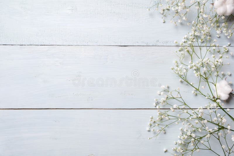 Fondo del resorte Flores rústicas blancas en la tabla de madera azul Maqueta de la bandera para la mujer o el día de la madre, pa fotos de archivo