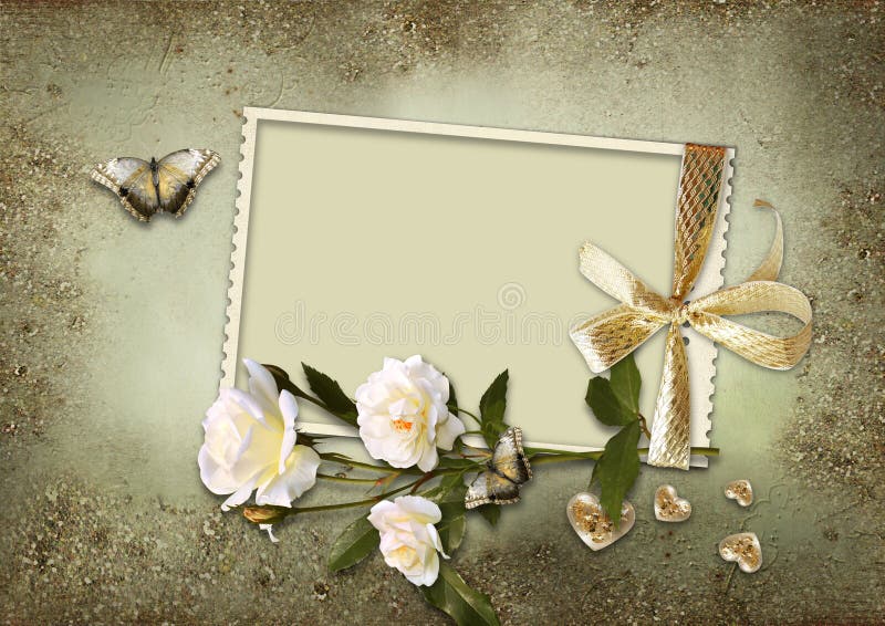 Frame with ribbon and roses on background. Frame with ribbon and roses on background