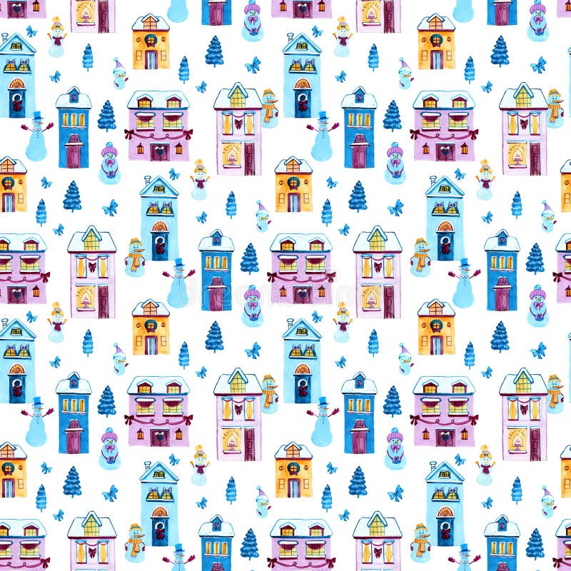 Fondo dell'acquerello di Natale Modello senza cuciture con le case e gli snowmans Elementi di progettazione per la carta da parat royalty illustrazione gratis Fondo dell'acquerello di Natale Modello senza cuciture con le case e gli snowmans Elementi di progettazione per la carta da parat royalty illustrazione gratis