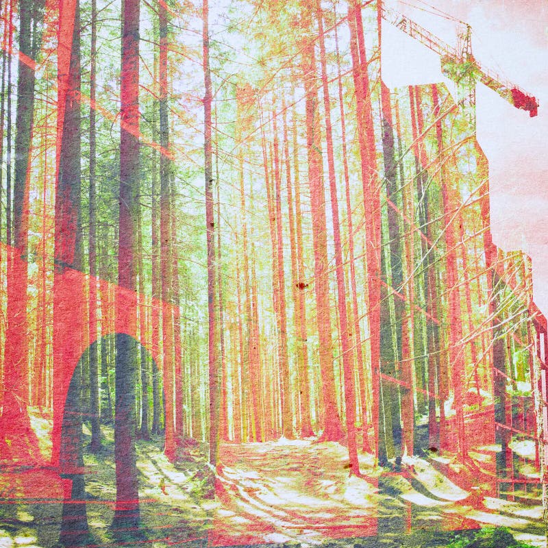 Fondo dell'estratto di ecologia di fantasia Paesaggio urbano misto con il naturale su struttura di carta immagini stock Fondo dell'estratto di ecologia di fantasia Paesaggio urbano misto con il naturale su struttura di carta immagini stock