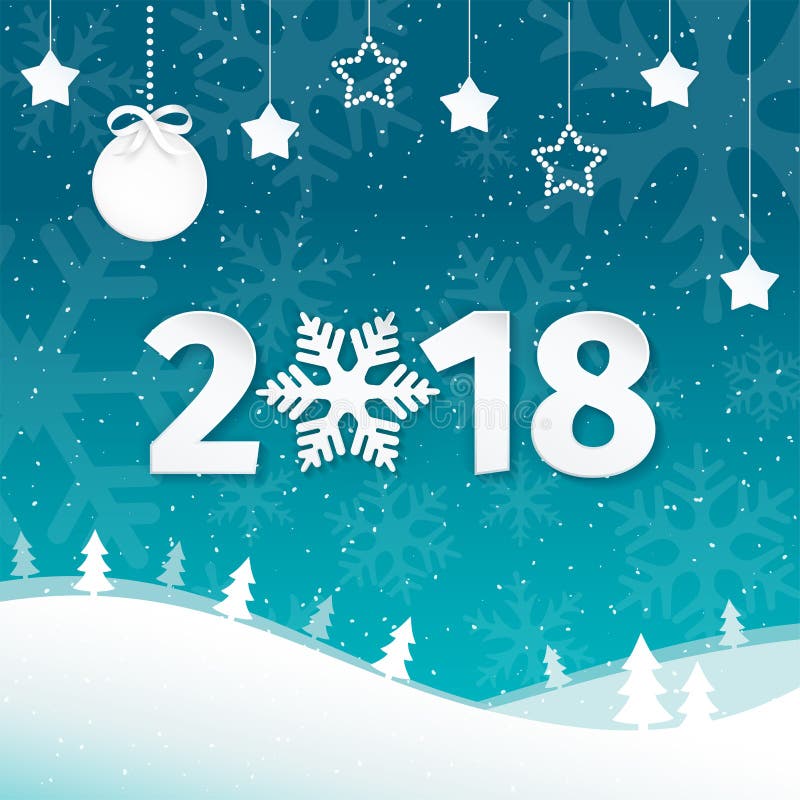 Fondo della cartolina d'auguri del buon anno e di 2018 Buon Natale con i fiocchi di neve Fondo piano del paesaggio di scena di in illustrazione di stock Fondo della cartolina d'auguri del buon anno e di 2018 Buon Natale con i fiocchi di neve Fondo piano del paesaggio di scena di in illustrazione di stock