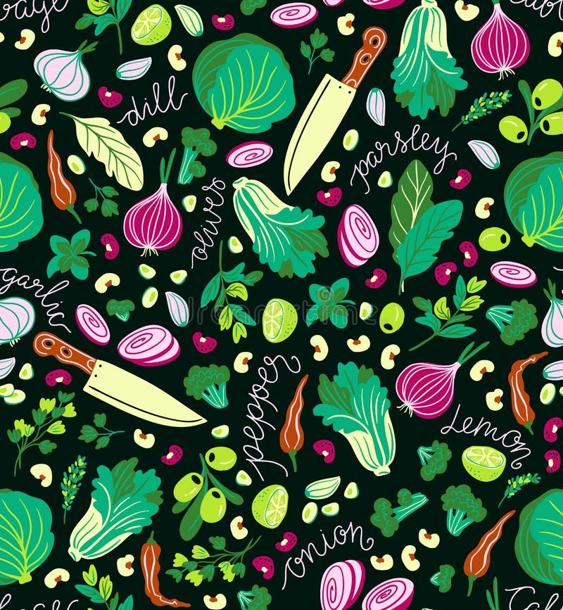 Fondo della cucina Coltelli e verdure Modello senza cuciture di vettore multicolore royalty illustrazione gratis Fondo della cucina Coltelli e verdure Modello senza cuciture di vettore multicolore royalty illustrazione gratis