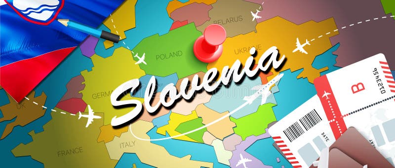 Fondo della mappa di concetto di viaggio della Slovenia con gli aerei, biglietti Viaggio della Slovenia di visita e concetto dell royalty illustrazione gratis Fondo della mappa di concetto di viaggio della Slovenia con gli aerei, biglietti Viaggio della Slovenia di visita e concetto dell royalty illustrazione gratis