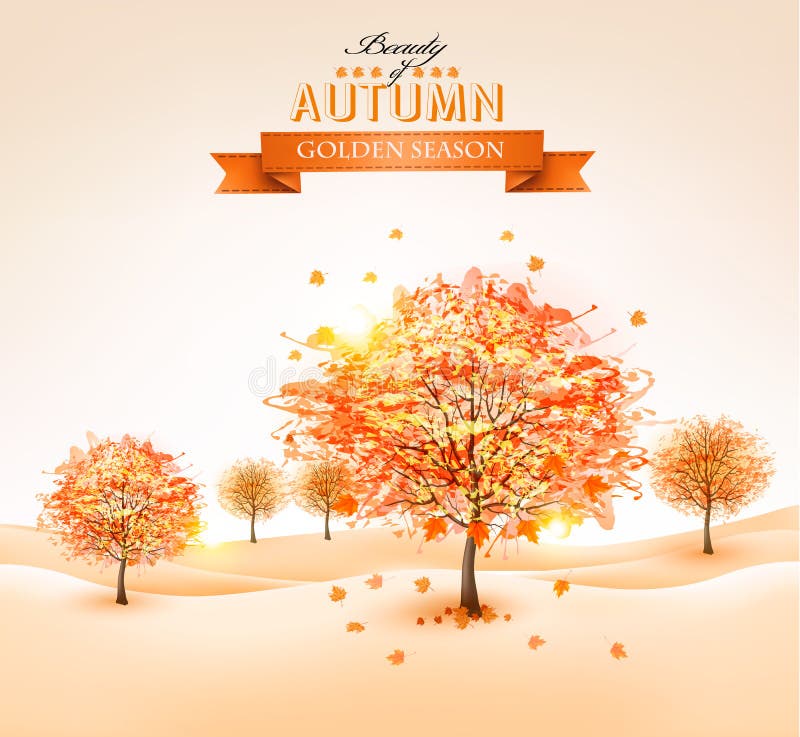 Fondo di autunno con le foglie variopinte e gli alberi Illustra di vettore