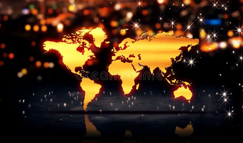 Fondo di Bokeh 3D di lustro della luce della città dell'oro della mappa di mondo royalty illustrazione gratis Fondo di Bokeh 3D di lustro della luce della città dell'oro della mappa di mondo royalty illustrazione gratis