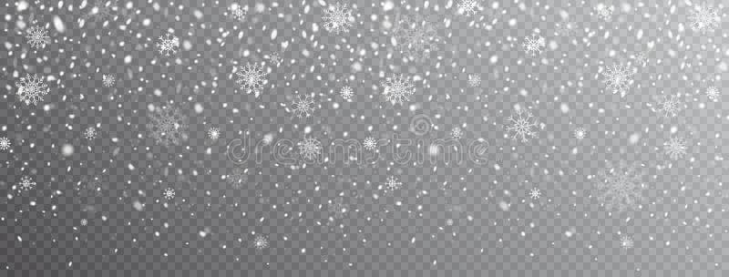 Fondo di caduta della neve Fiocchi di neve sul contesto trasparente Il Natale progetta con i fiocchi di neve di scintillio e dell