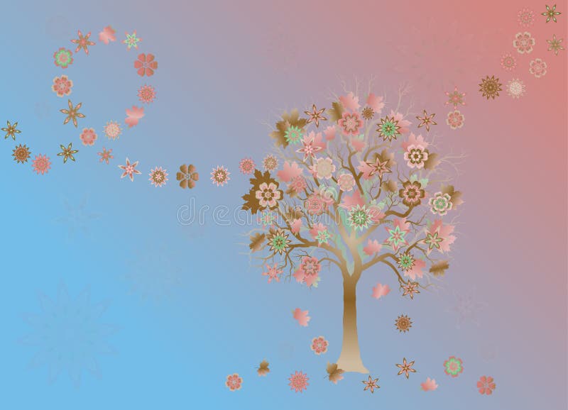 Fondo di estate con l'albero variopinto con i fiori e le foglie astratti su vento illustrazione di stock Fondo di estate con l'albero variopinto con i fiori e le foglie astratti su vento illustrazione di stock