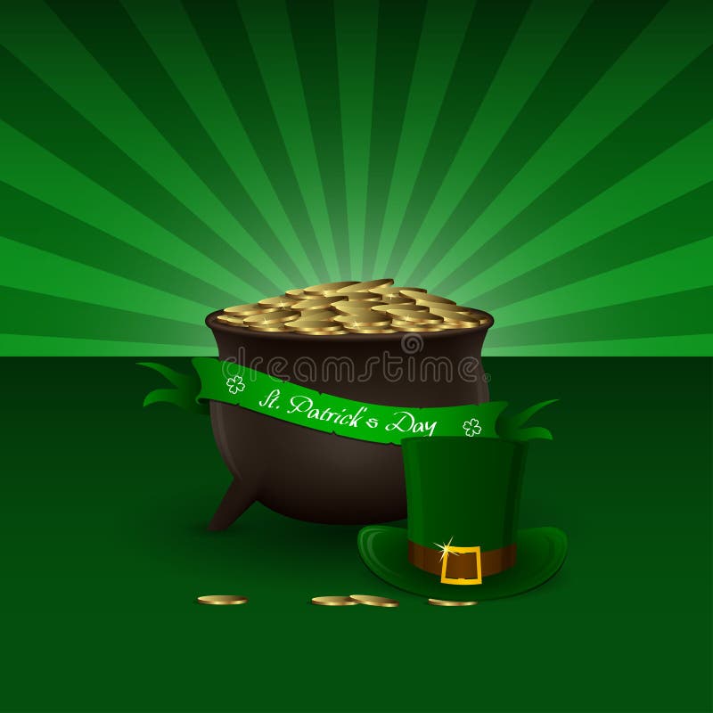 Fondo di giorno della st Patricks di vettore con il vaso del leprechaun in pieno delle monete dorate e del cappello verde illustrazione di stock Fondo di giorno della st Patricks di vettore con il vaso del leprechaun in pieno delle monete dorate e del cappello verde illustrazione di stock