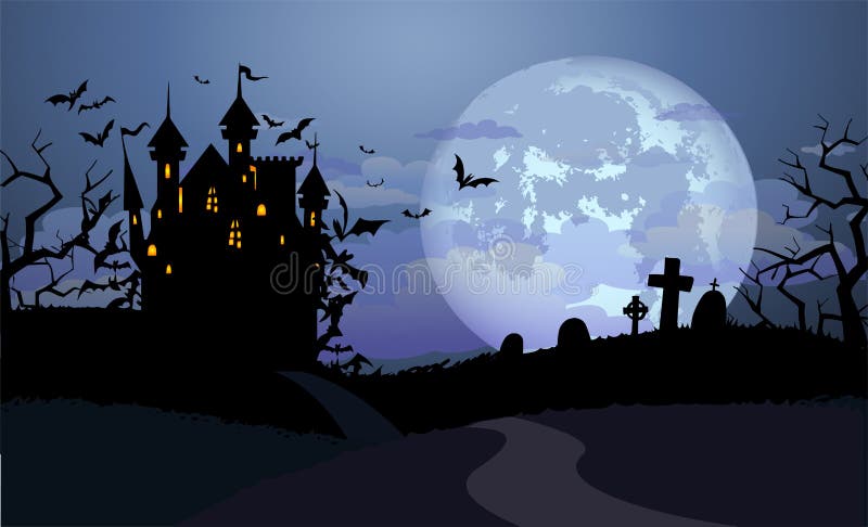 Halloween background with Dracula castle and various silhouettes of flying bats against full moon. Halloween background with Dracula castle and various silhouettes of flying bats against full moon