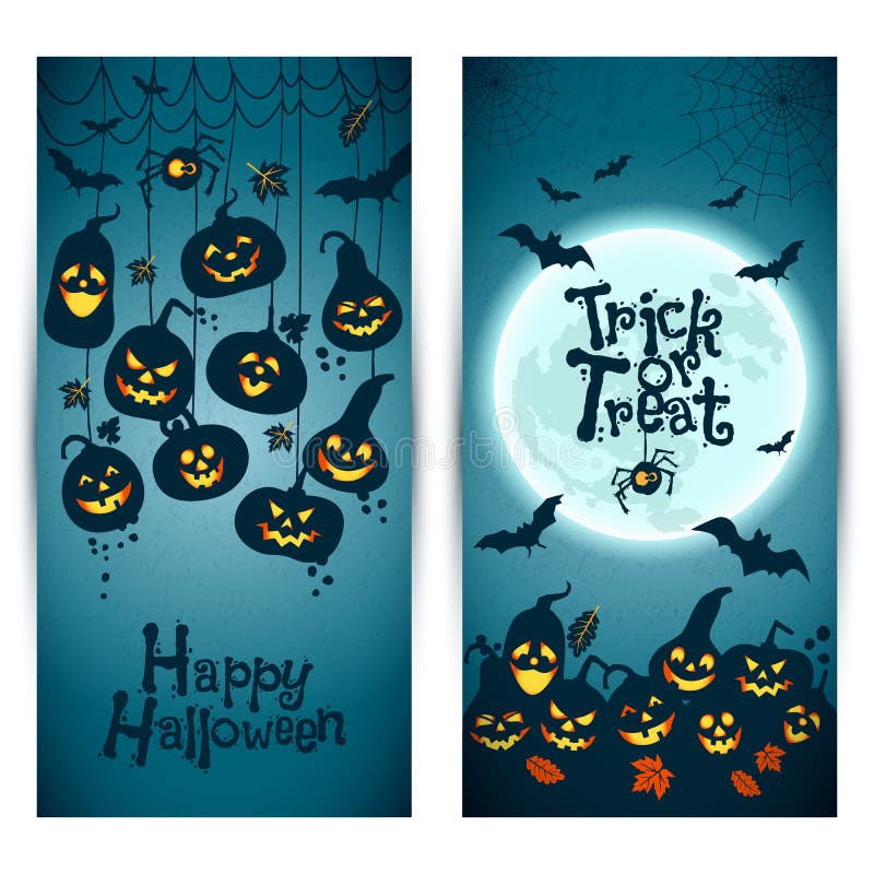 Fondo di Halloween delle zucche allegre con la luna Bandiere impostate illustrazione di stock Fondo di Halloween delle zucche allegre con la luna Bandiere impostate illustrazione di stock