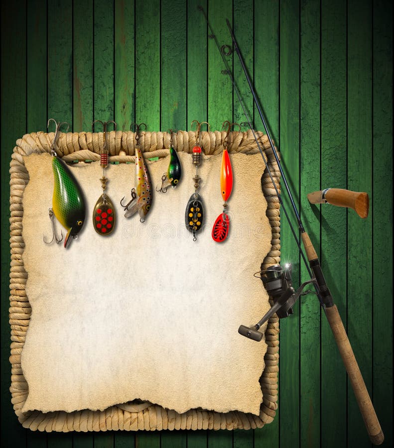 Fondo di legno verde dell'attrezzatura di pesca illustrazione vettoriale
