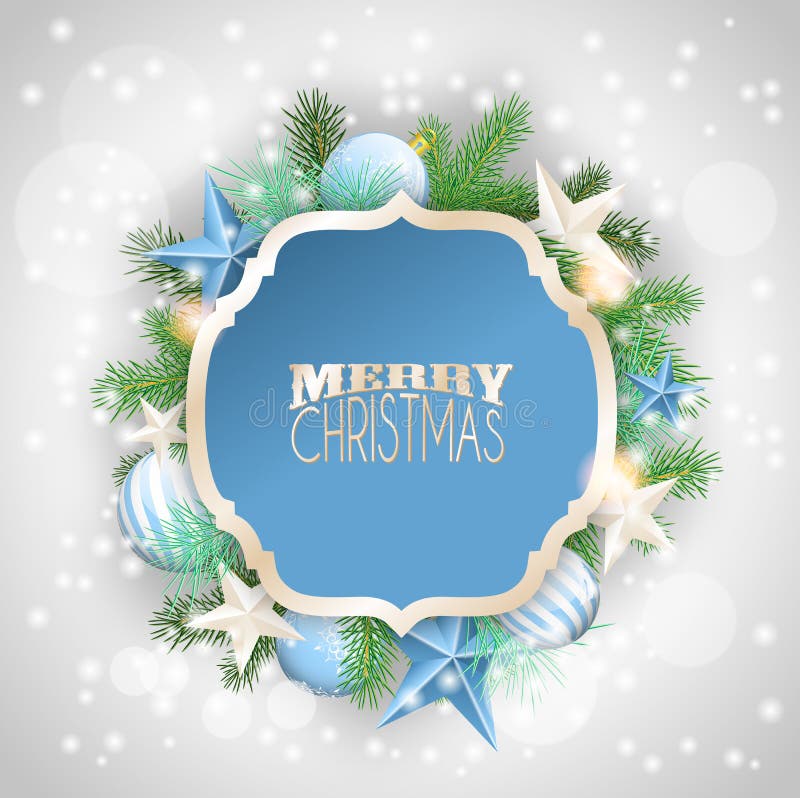 Fondo di Natale con gli ornamenti ed i rami blu illustrazione vettoriale Fondo di Natale con gli ornamenti ed i rami blu illustrazione vettoriale