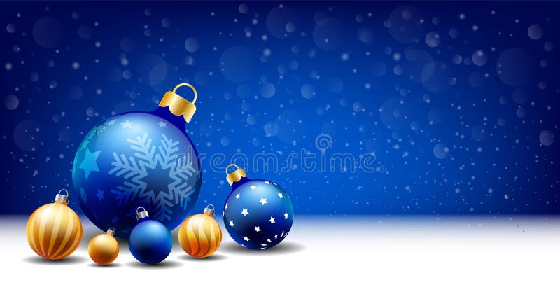 Fondo di nevicata della palla di Natale del buon anno, scatola dell'entrata del testo, fondo blu illustrazione di stock Fondo di nevicata della palla di Natale del buon anno, scatola dell'entrata del testo, fondo blu illustrazione di stock
