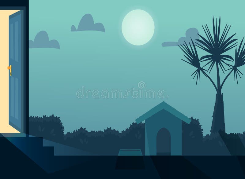 Fondo di notte con il giardino della casa nella luce della luna con gli alberi, la palma ed il canile del fogliame Illustrazione illustrazione vettoriale Fondo di notte con il giardino della casa nella luce della luna con gli alberi, la palma ed il canile del fogliame Illustrazione illustrazione vettoriale