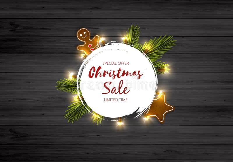 Fondo di vendita di Natale Etichetta del cerchio con il Buon Natale che segna sul bordo di legno rustico royalty illustrazione gratis