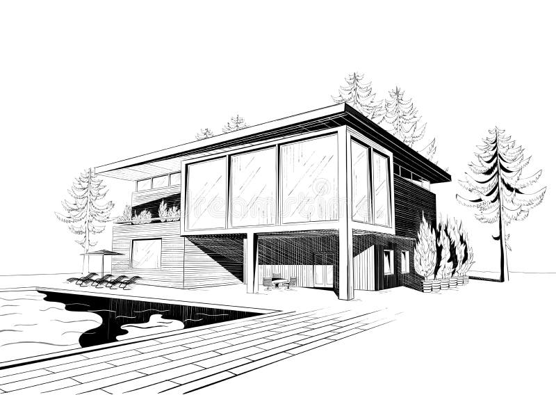 Fondo di vettore con la casa moderna con nuoto illustrazione vettoriale Fondo di vettore con la casa moderna con nuoto illustrazione vettoriale