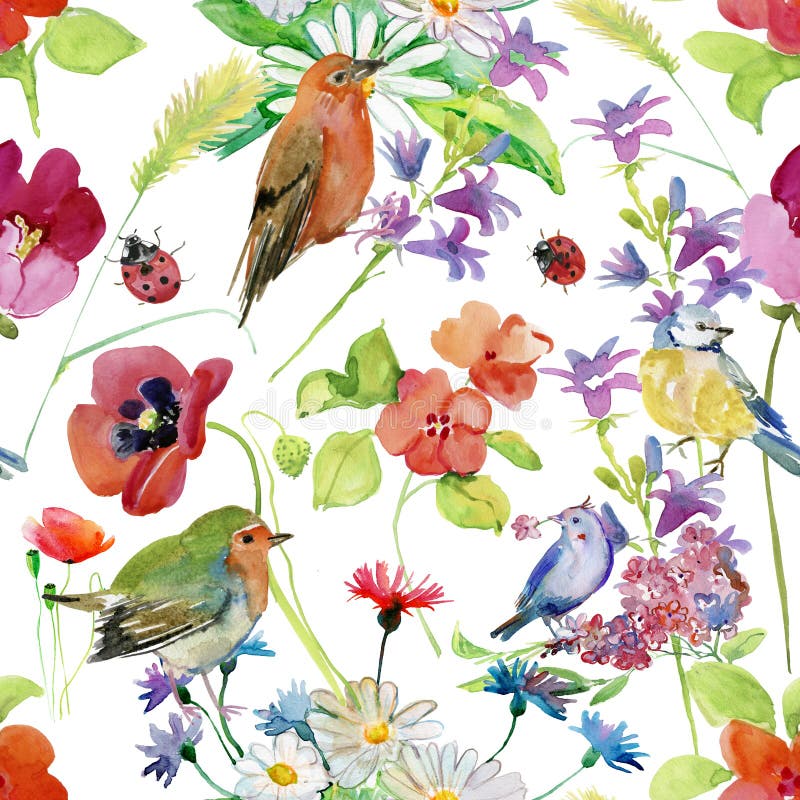 Fondo dipinto a mano dell'acquerello astratto con i fiori e gli uccelli